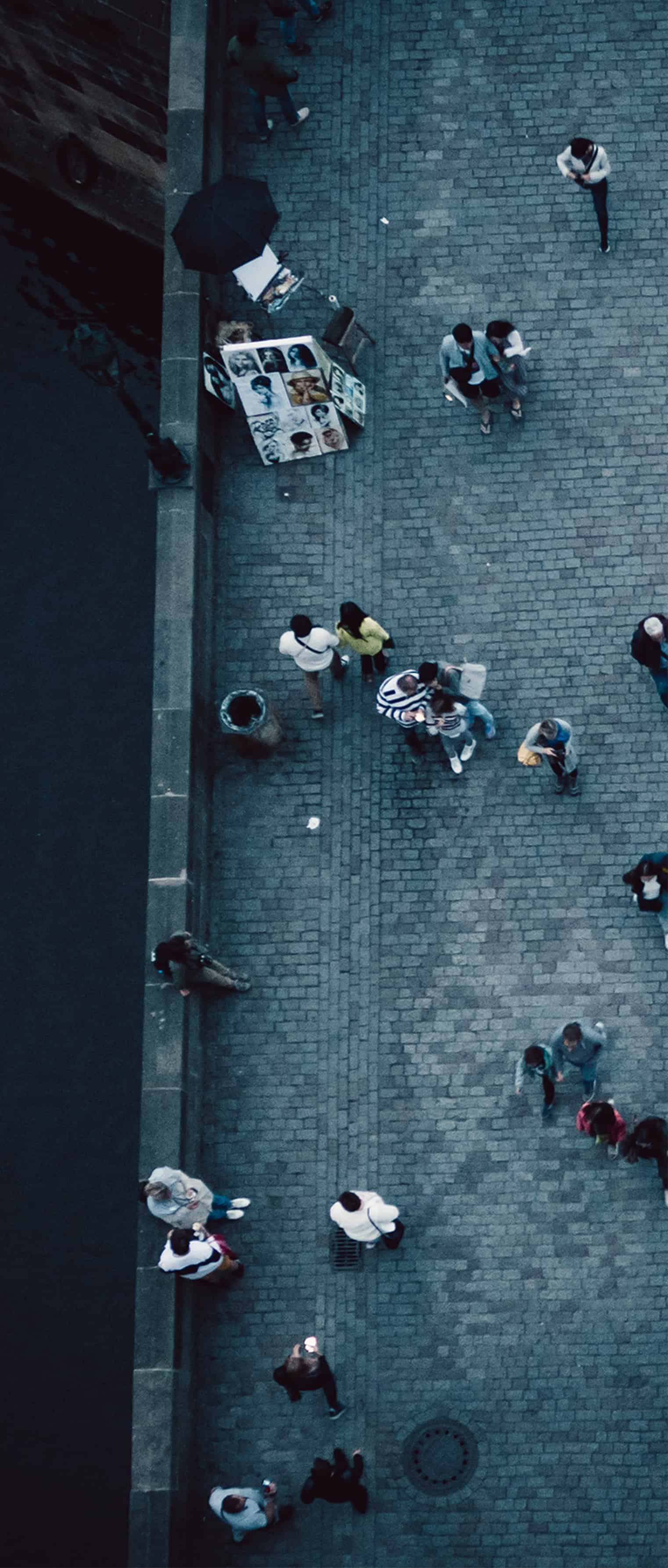 overhead view of people walking