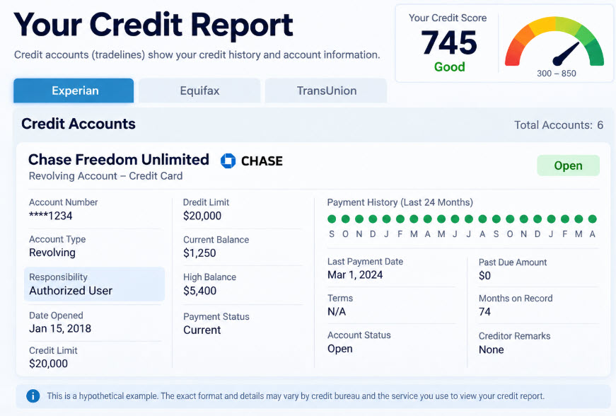 Learn what a tradeline means on your credit report, what account details are reported, and how authorized-user tradelines may appear on your credit file in 2026.